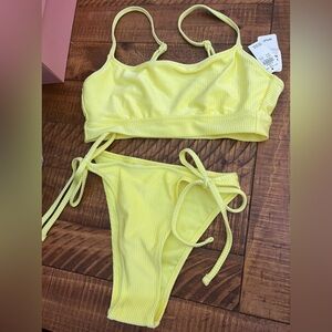 NWT Aerie FULL SET Shine Rib Straight Scoop Top + Tie Bottom Cozy Yellow - Small